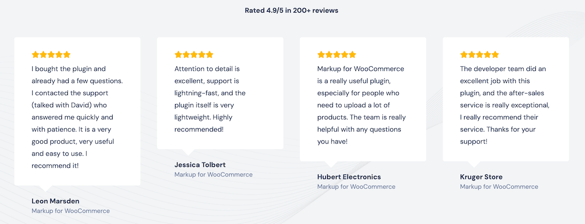 تعرض مراجعات Markup for WooCommerce على موقع الويب 5 نجوم عبر العديد من العملاء.