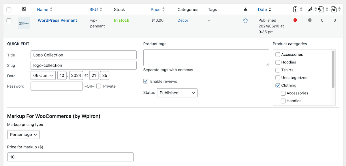 Greifen Sie auf das Schnellbearbeitungsmenü in Ihrem WordPress-Dashboard zu, um schnelle Änderungen an den Aufschlagspreisen für Ihre WooCommerce-Produkte vorzunehmen.