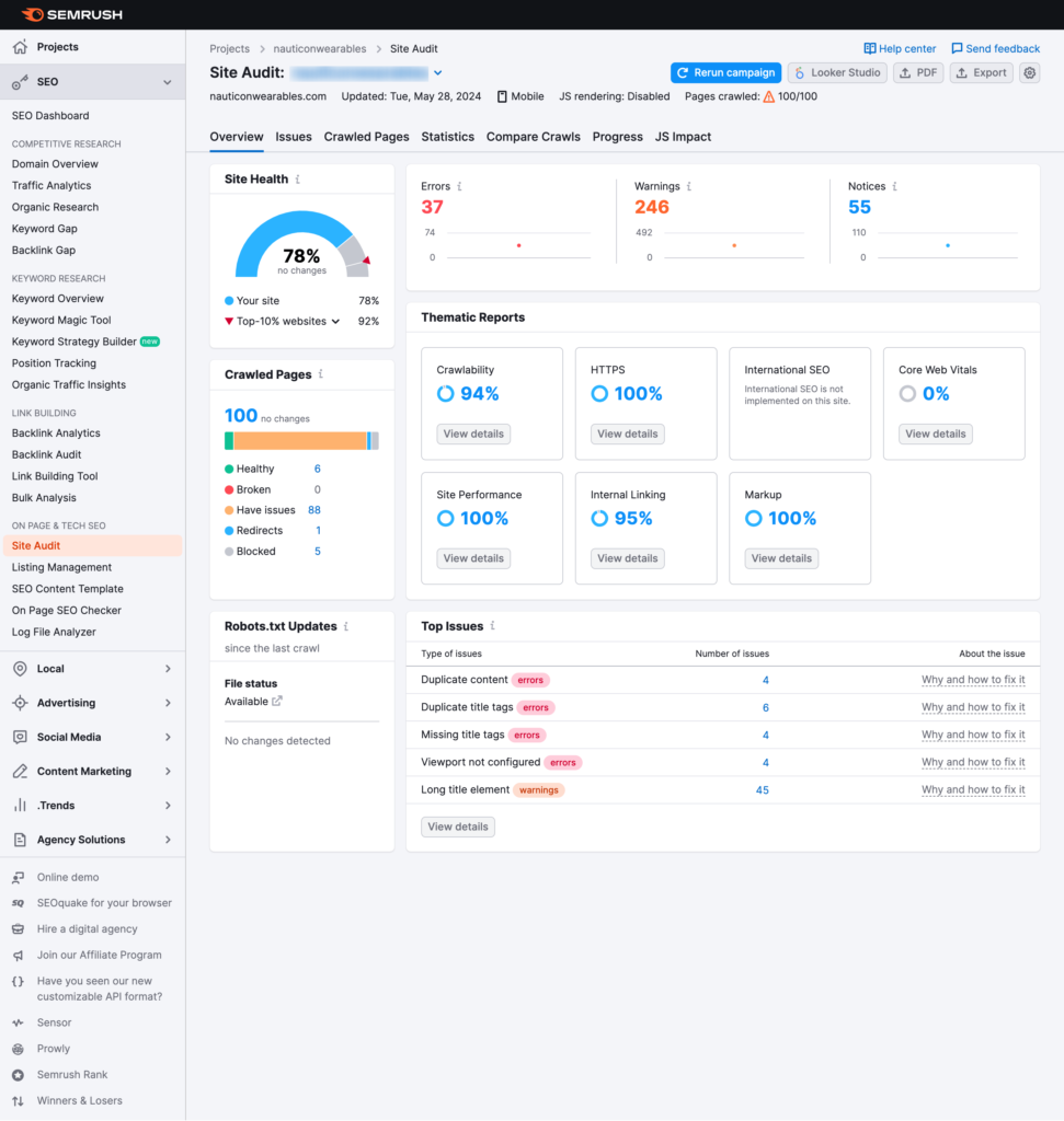 Ini adalah tangkapan layar dari ikhtisar audit situs