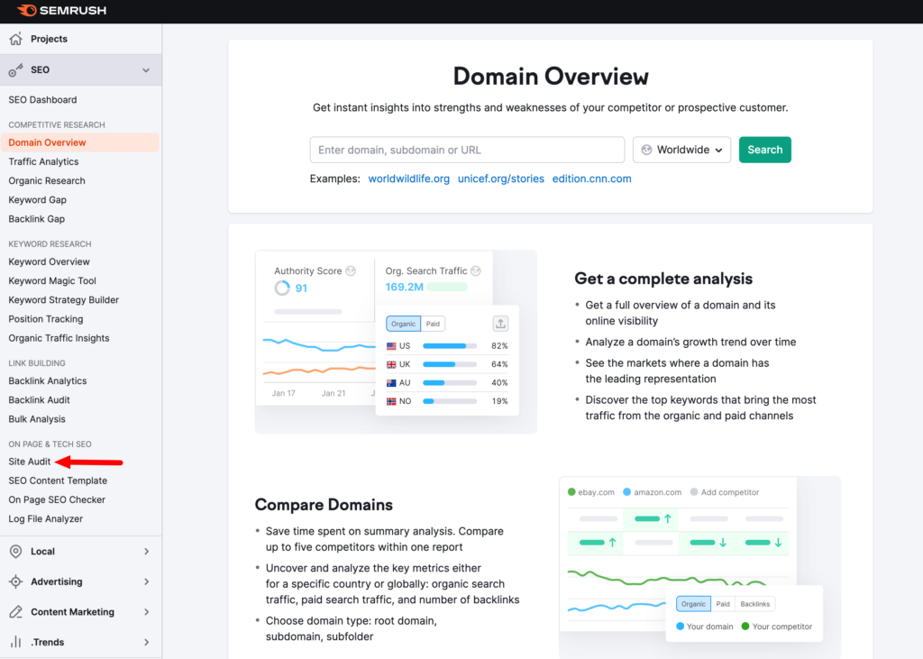 هذه لقطة شاشة لخيار Site Audit في SEMRush