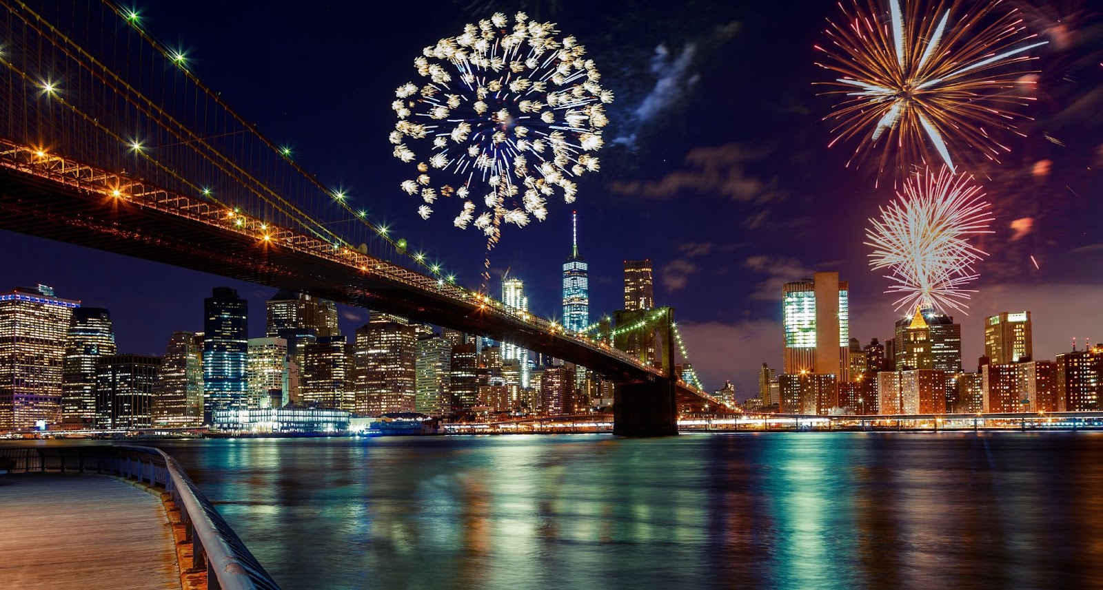 Blick auf ein Feuerwerk, das über der Skyline einer Stadt auf dem Wasser losgeht, mit einer Brücke im Vordergrund.