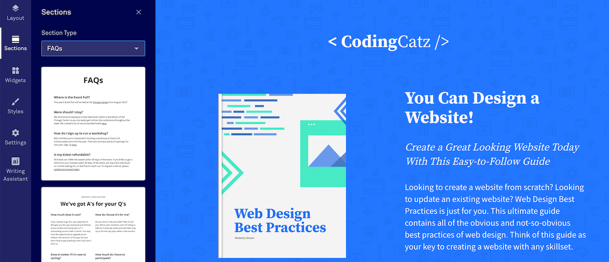 Vizualizați fila Secțiune pentru a adăuga noi secțiuni la pagina dvs., cum ar fi Întrebări frecvente, cronometre cu numărătoare inversă și multe altele.