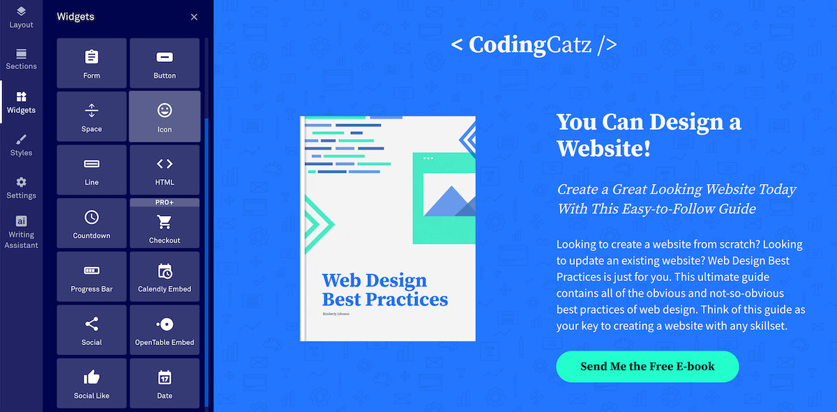 Tambahkan widget baru ke halaman landing Anda, seperti formulir, tombol, video, ikon, dan lainnya.