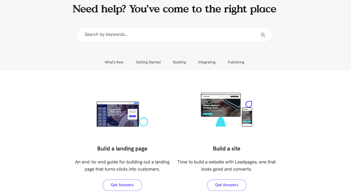 A base de conhecimento do Leadpages inclui uma variedade de tutoriais sobre como começar, construir sua landing page, adicionar integrações e publicar.