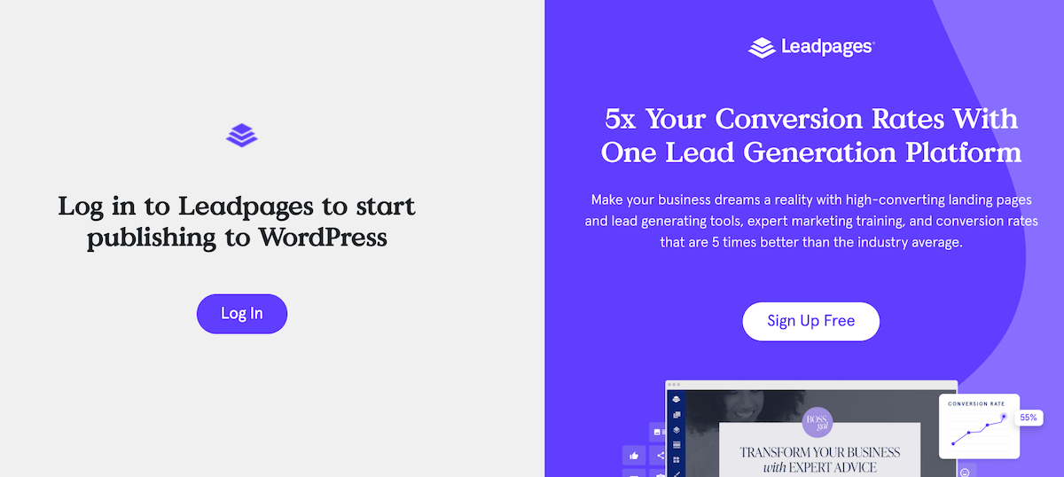 새 계정을 만들거나 WordPress 대시보드 내에서 Leadpages 계정에 로그인하세요.