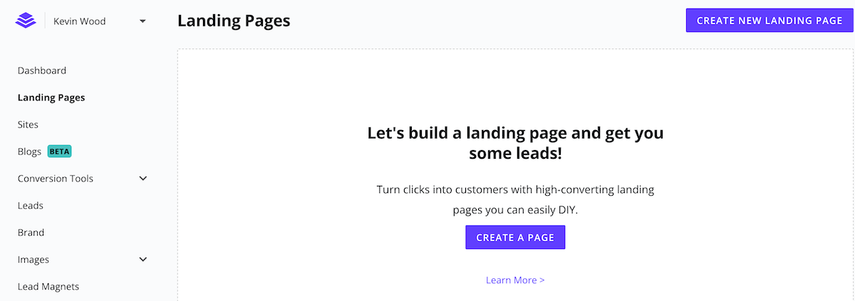 Создайте новую целевую страницу на панели управления Leadpages.