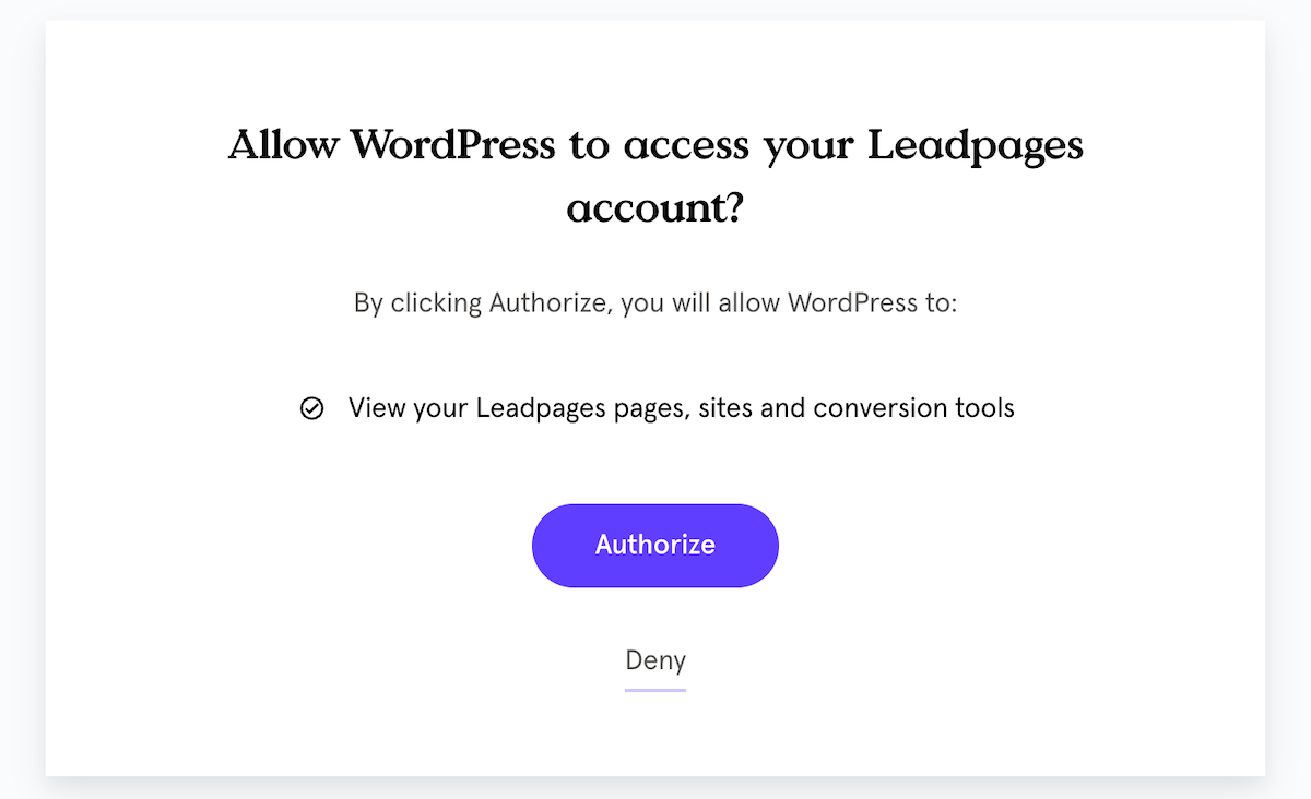 Autoryzuj Leadpages, aby mógł połączyć się z Twoją witryną WordPress.