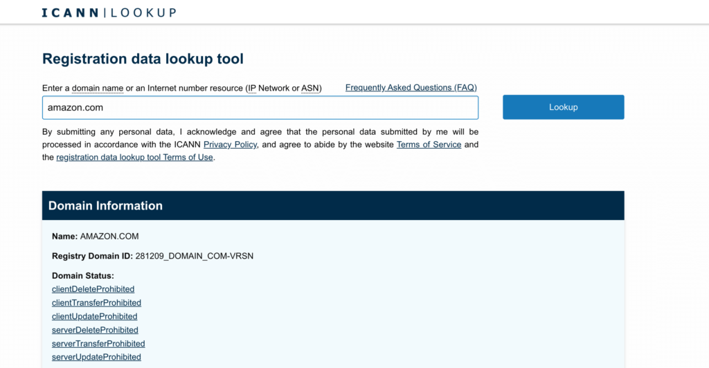 Dies ist ein Screenshot des ICAN Lookup-Tools