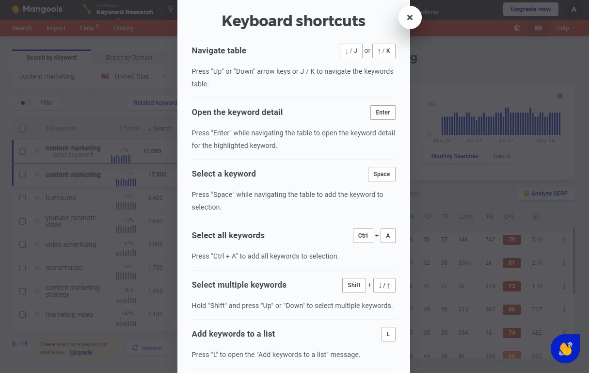 Raccourcis clavier de KWFinder