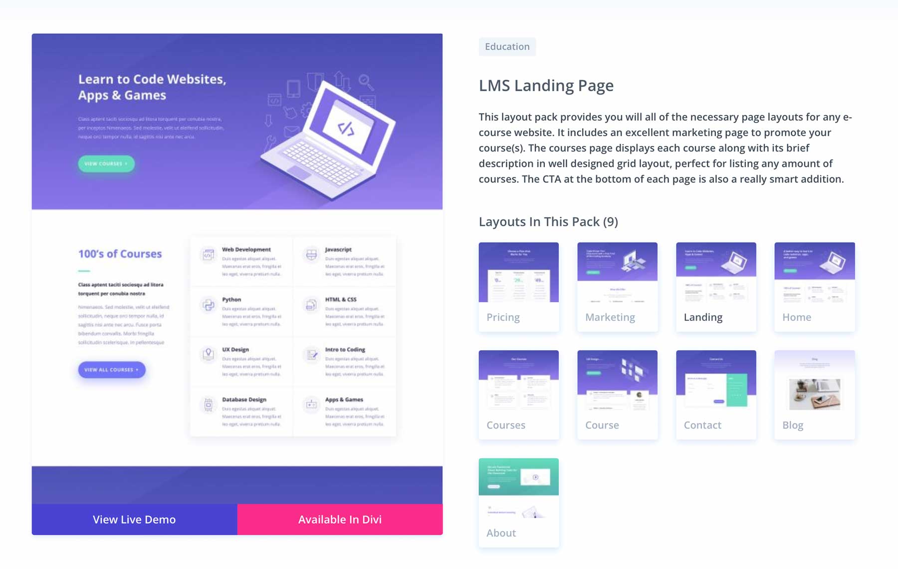 Pacote de layout LMS para Divi