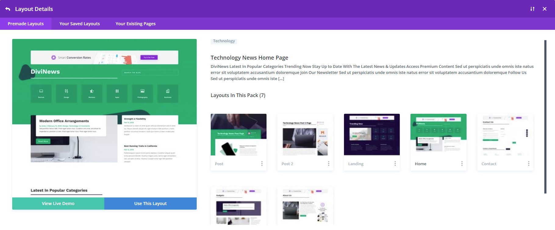 Pacote de layout de notícias da Divi Technology adicionado no site