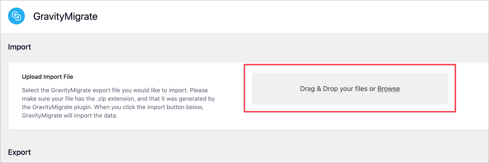 La configuración de importación de GravityMigrate; hay un cuadro de carga que dice "Arrastra y suelta tus archivos o explora".