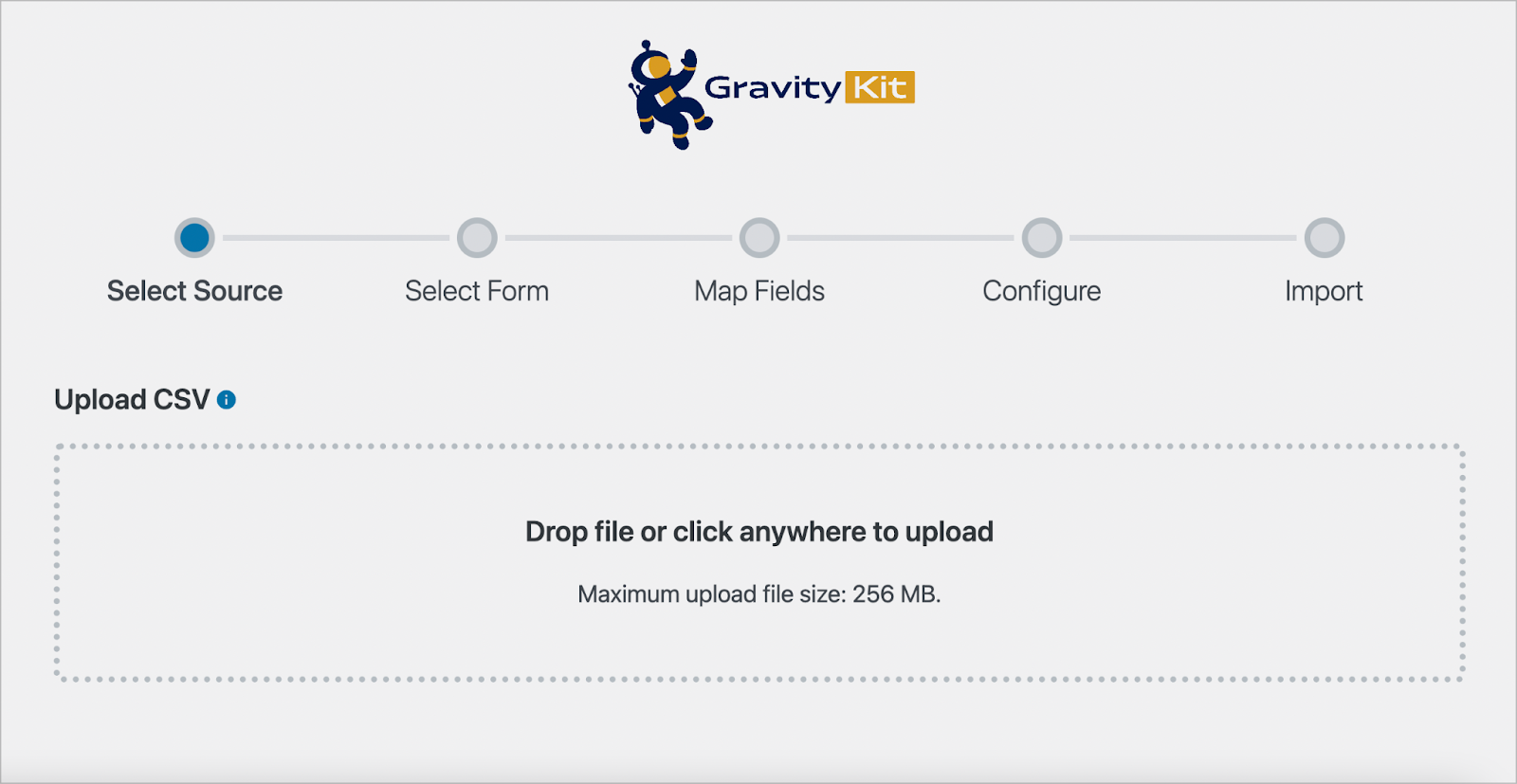 GravityImport プロセスの最初のステップ。エントリの CSV をアップロードするためのボックスがあります。