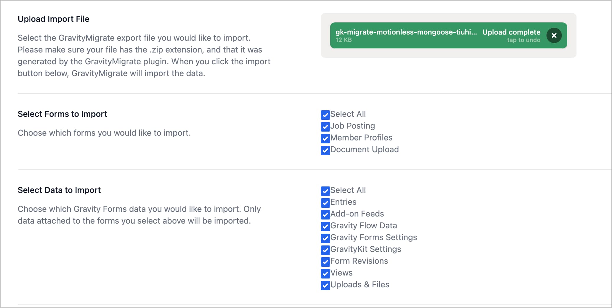 Les options d'importation dans GravityMigrate ; ici, il existe des options pour choisir exactement les formulaires et les données associées à importer