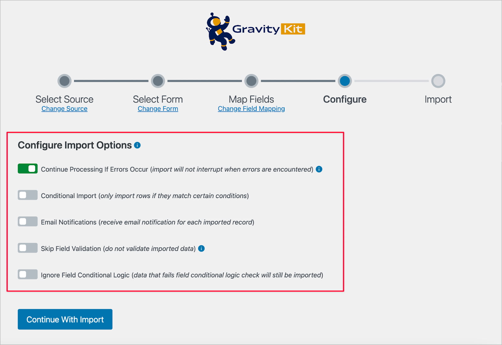 ตัวเลือกการนำเข้าใน GravityImport; มีสวิตช์สลับ 5 แบบที่แตกต่างกันซึ่งช่วยให้คุณสามารถเปิดใช้งานการตั้งค่าที่แตกต่างกันและปรับแต่งกระบวนการนำเข้าได้