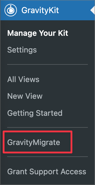 GravityKit 選單項目下的 GravityMigrate 鏈接