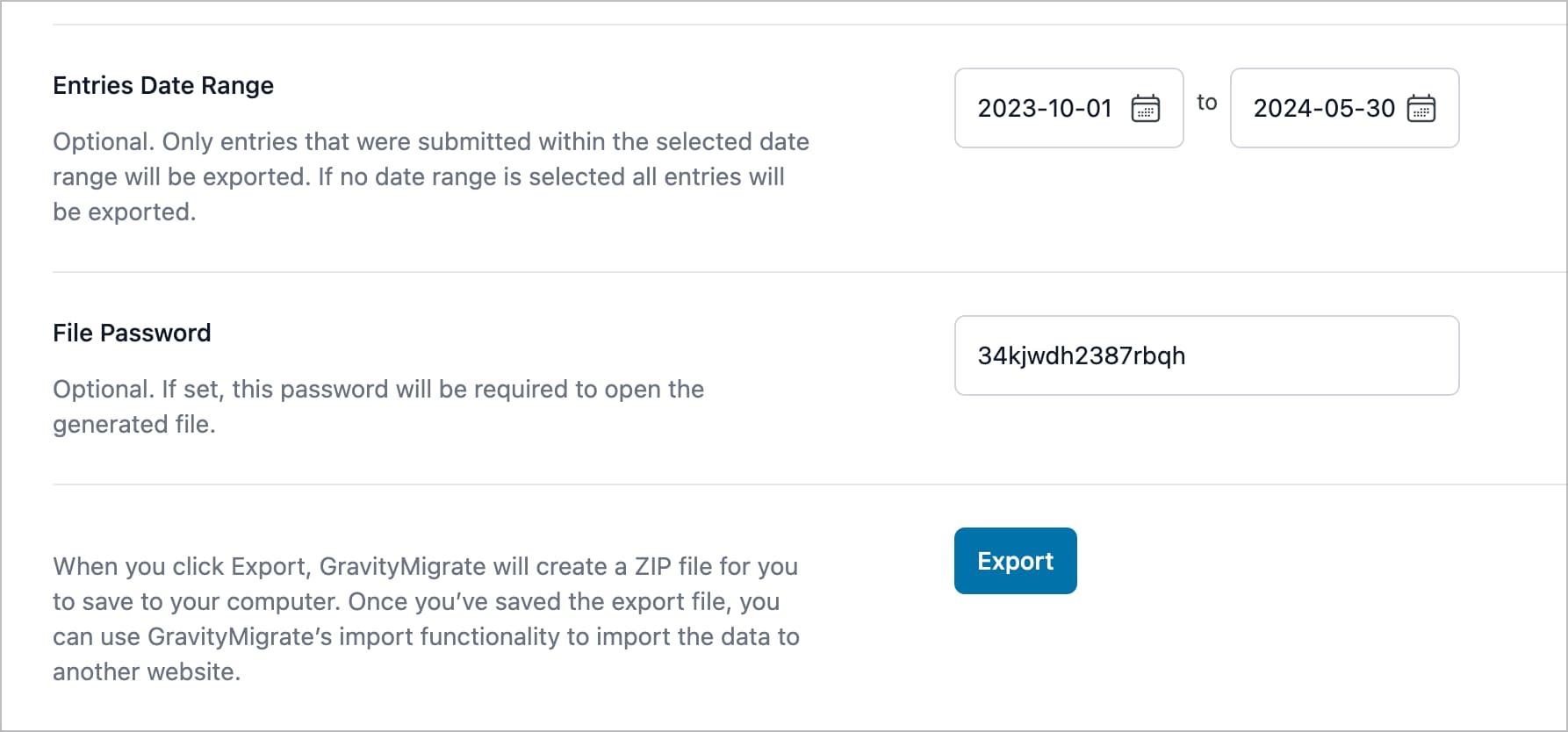 Options de migration par gravité ; il existe une option pour définir une plage de dates et une autre option pour définir un mot de passe pour le fichier d'exportation.