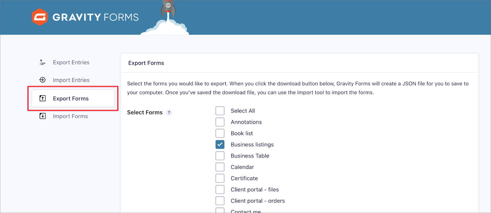 Die Seite „Formulare exportieren“ in Gravity Forms