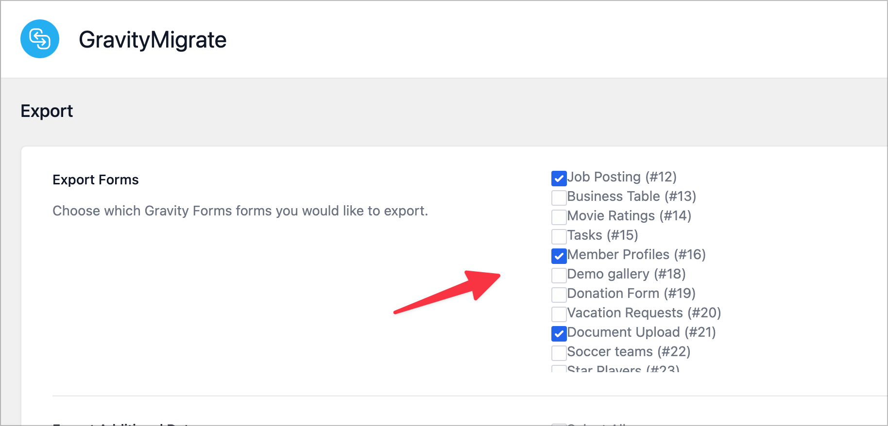 La configuración de exportación en GravityMigrate; Aquí hay casillas de verificación que le permiten elegir qué formularios exportar.