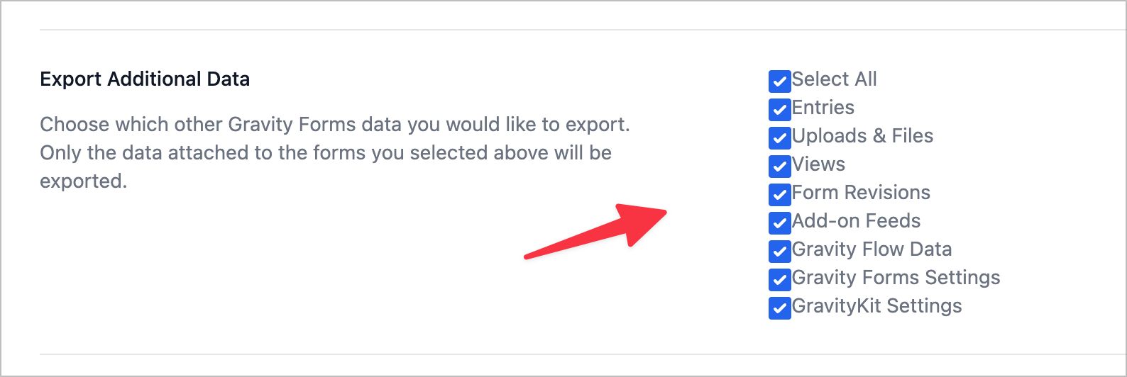 Die Exporteinstellungen in GravityMigrate;  Hier gibt es Kontrollkästchen, mit denen Sie zusätzliche Gravity Forms-Daten exportieren können.