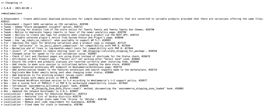 Contoh log perubahan WooCommerce untuk versi 5.0.0, yang menampilkan pembaruan, perbaikan bug, dan peningkatan. Sumber: Log Perubahan WooCommerce.