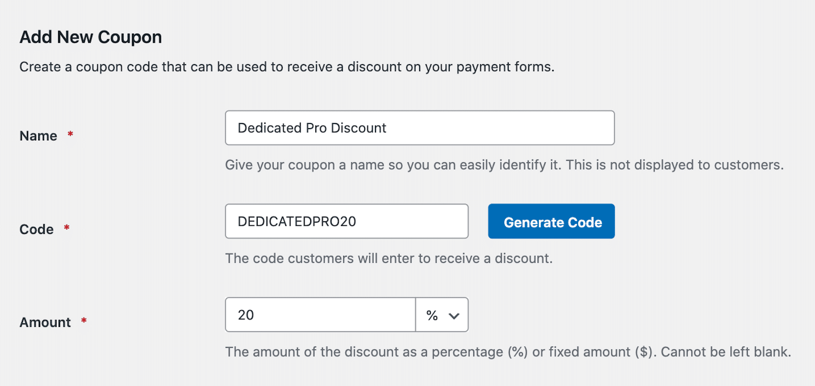 Creating the coupon code and discount amount