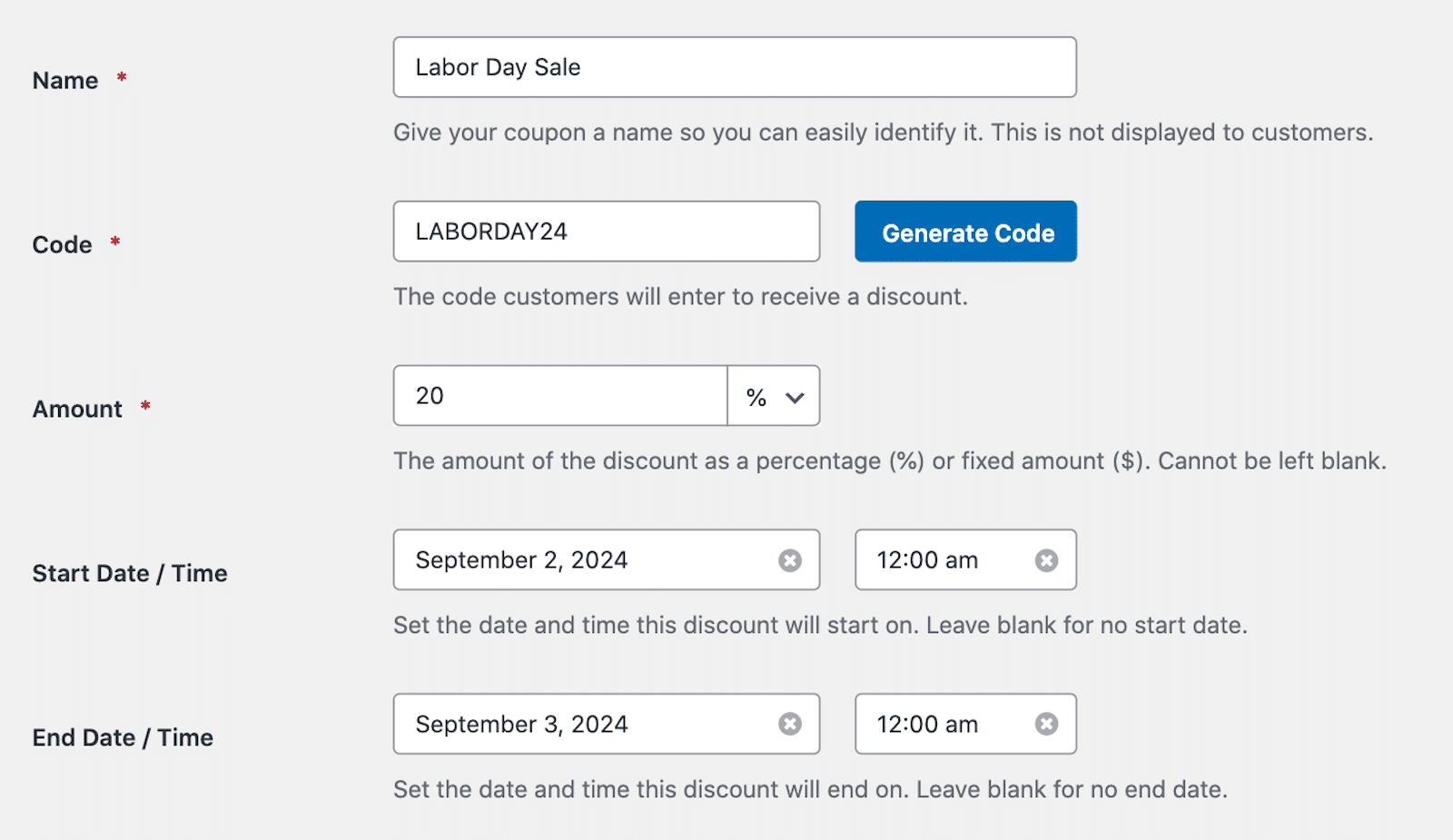 Setting the start and end date for a coupon