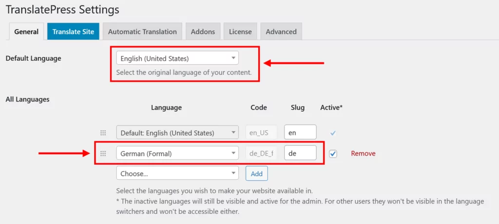 elegir el idioma predeterminado y de destino