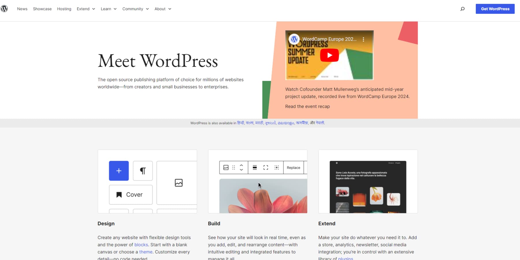 ภาพหน้าจอของหน้าแรกของ WordPress.org