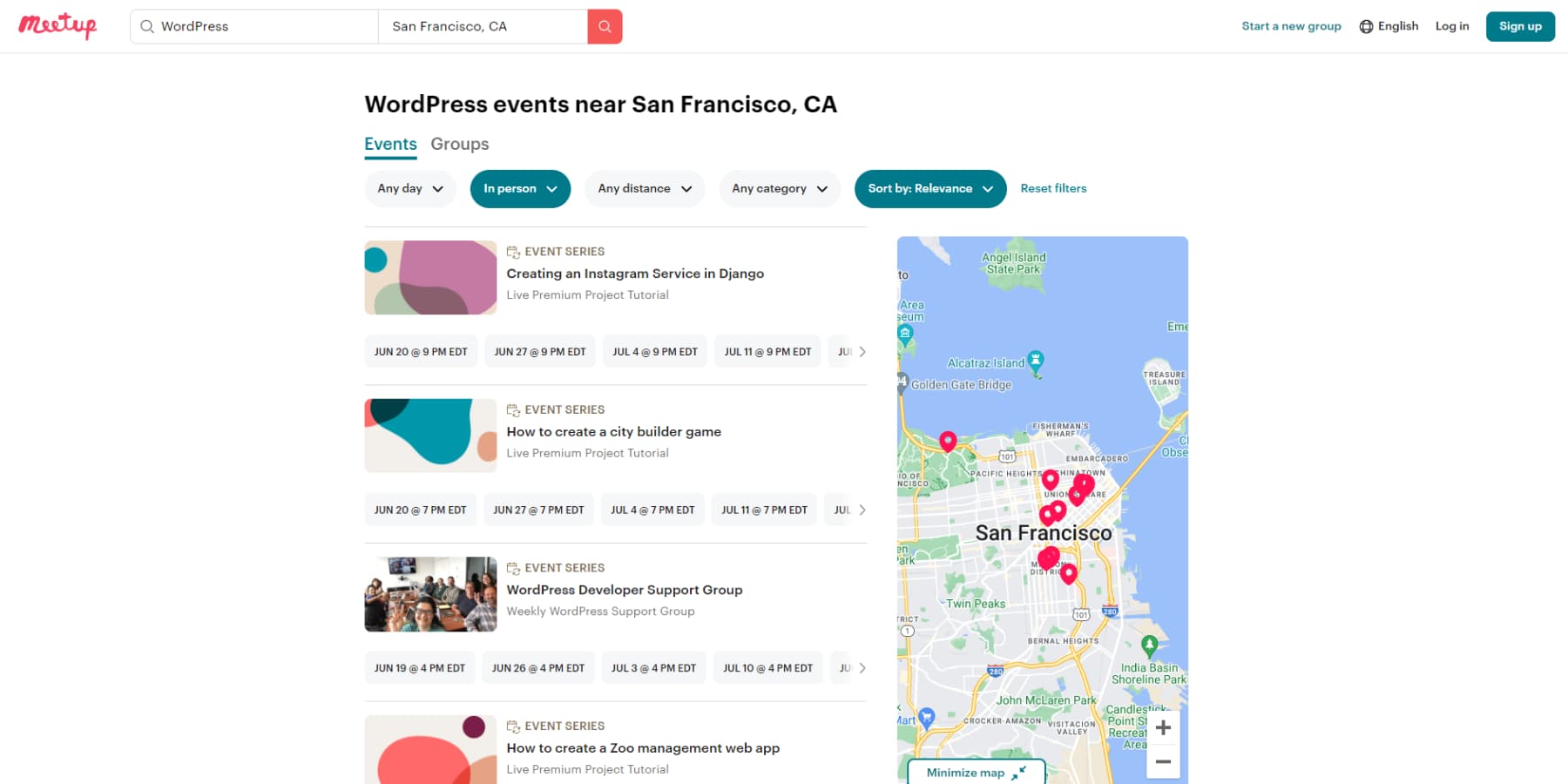 Uno screenshot degli eventi WordPress in Meetup