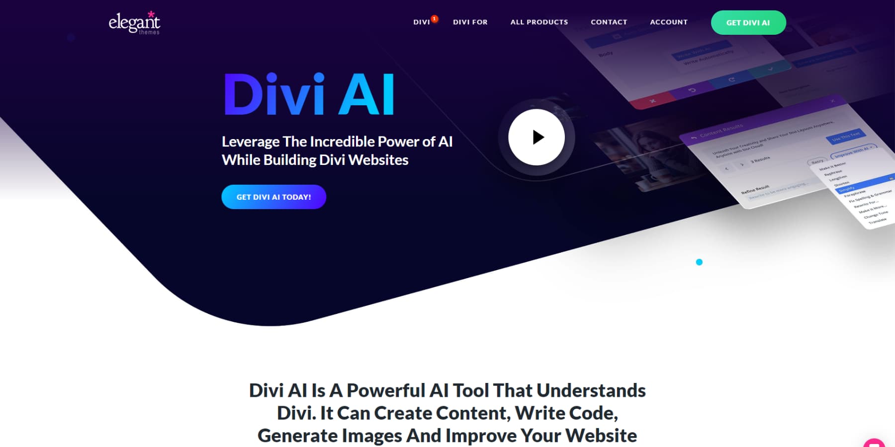 ภาพหน้าจอของหน้าแรกของ Divi AI