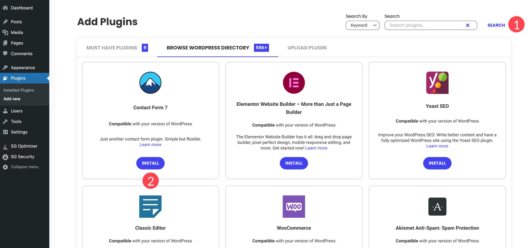 Diretório de plug-ins no painel do WordPress