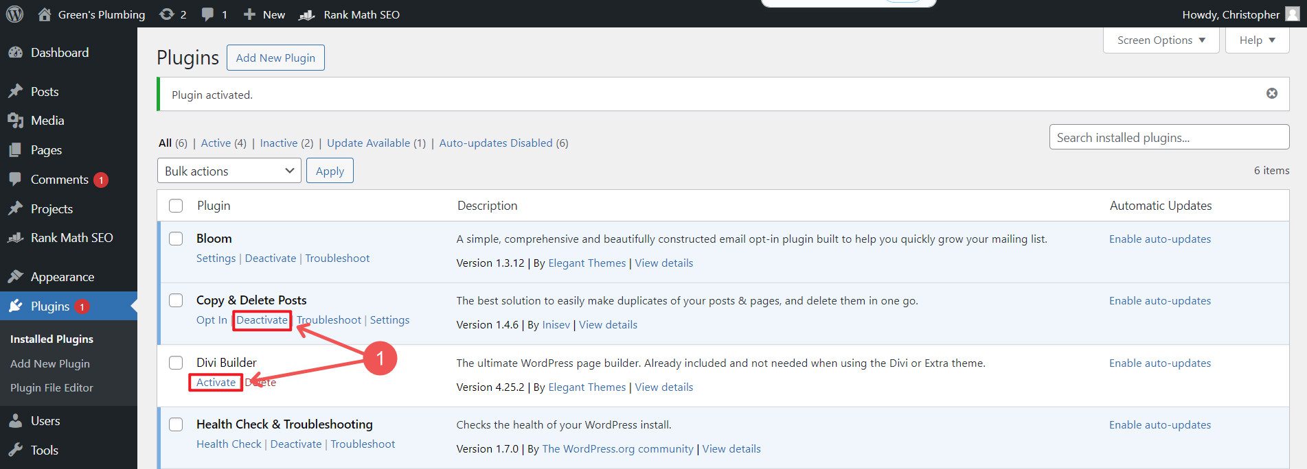 Ativar ou desativar plug-ins WordPress instalados