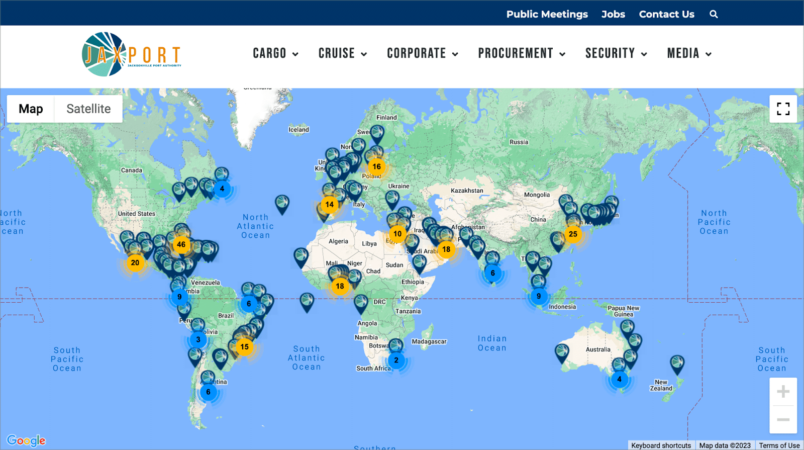 แผนที่พร้อมเครื่องหมายตามสถานที่ต่างๆ ทั่วโลกที่ JAXPORT ให้บริการจัดส่ง