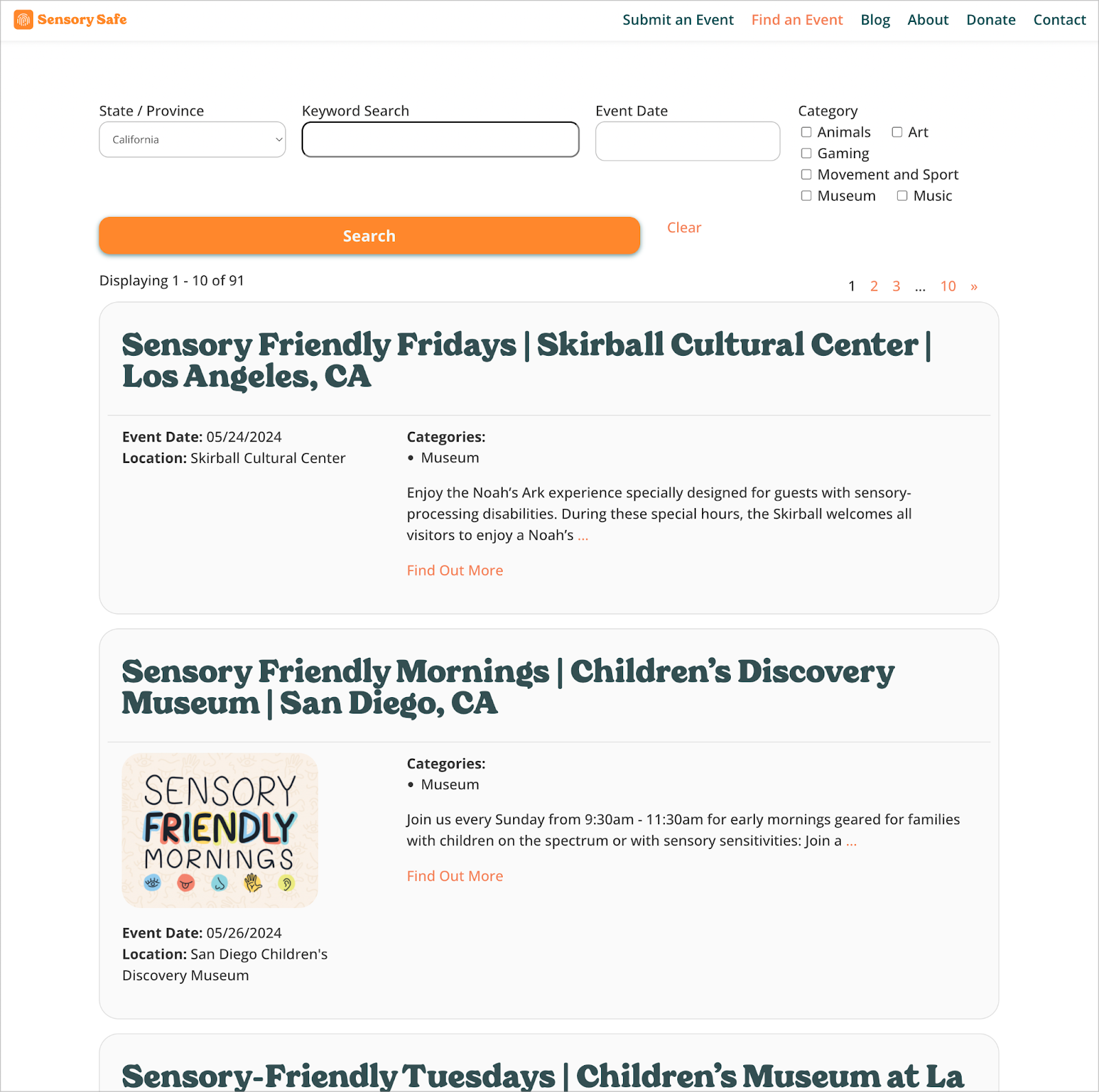 La directory degli eventi sul sito Sensory Safe; è costruito con GravityView