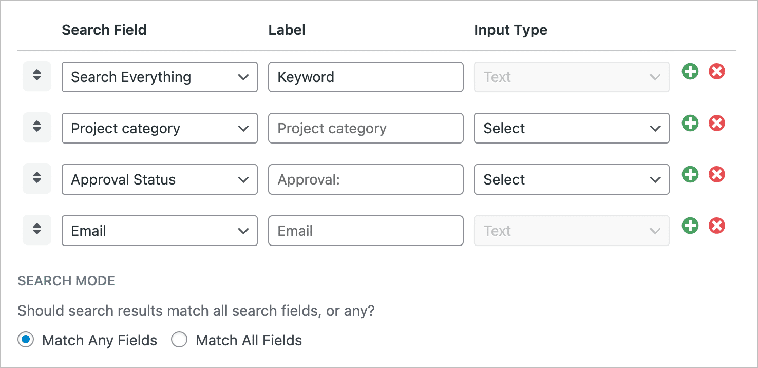 Le impostazioni del widget della barra di ricerca; ci sono diversi input di ricerca impostati qui con la possibilità di aggiungerne altri