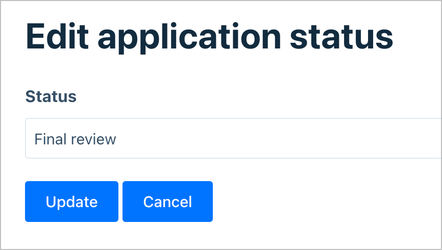 Uma página da web intitulada 'Editar status do aplicativo'; há um campo editável abaixo denominado 'Status' e dois botões denominados 'Atualizar' e 'Cancelar' respectivamente.