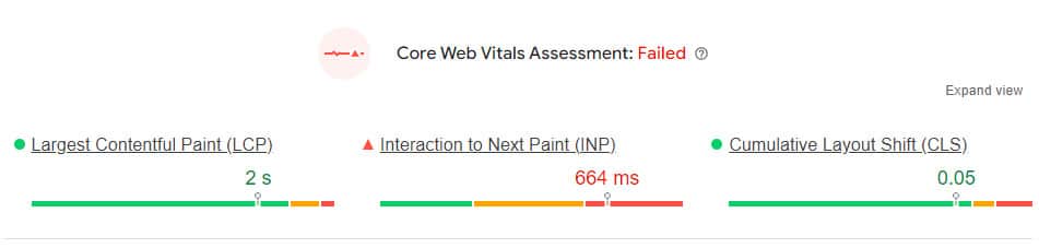 Una valutazione Core Web Vitals non riuscita