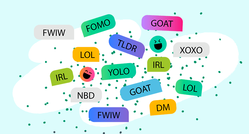 Um gráfico de bolhas com diferentes emojis e inicialismos de gírias.