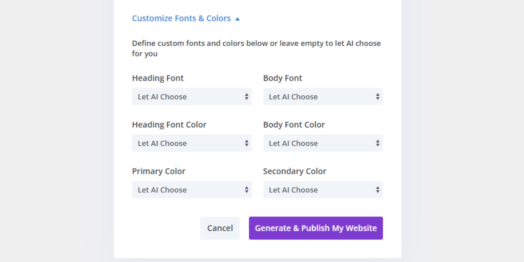 Une capture d'écran des options Personnaliser les polices et les couleurs de Divi Quick Sites