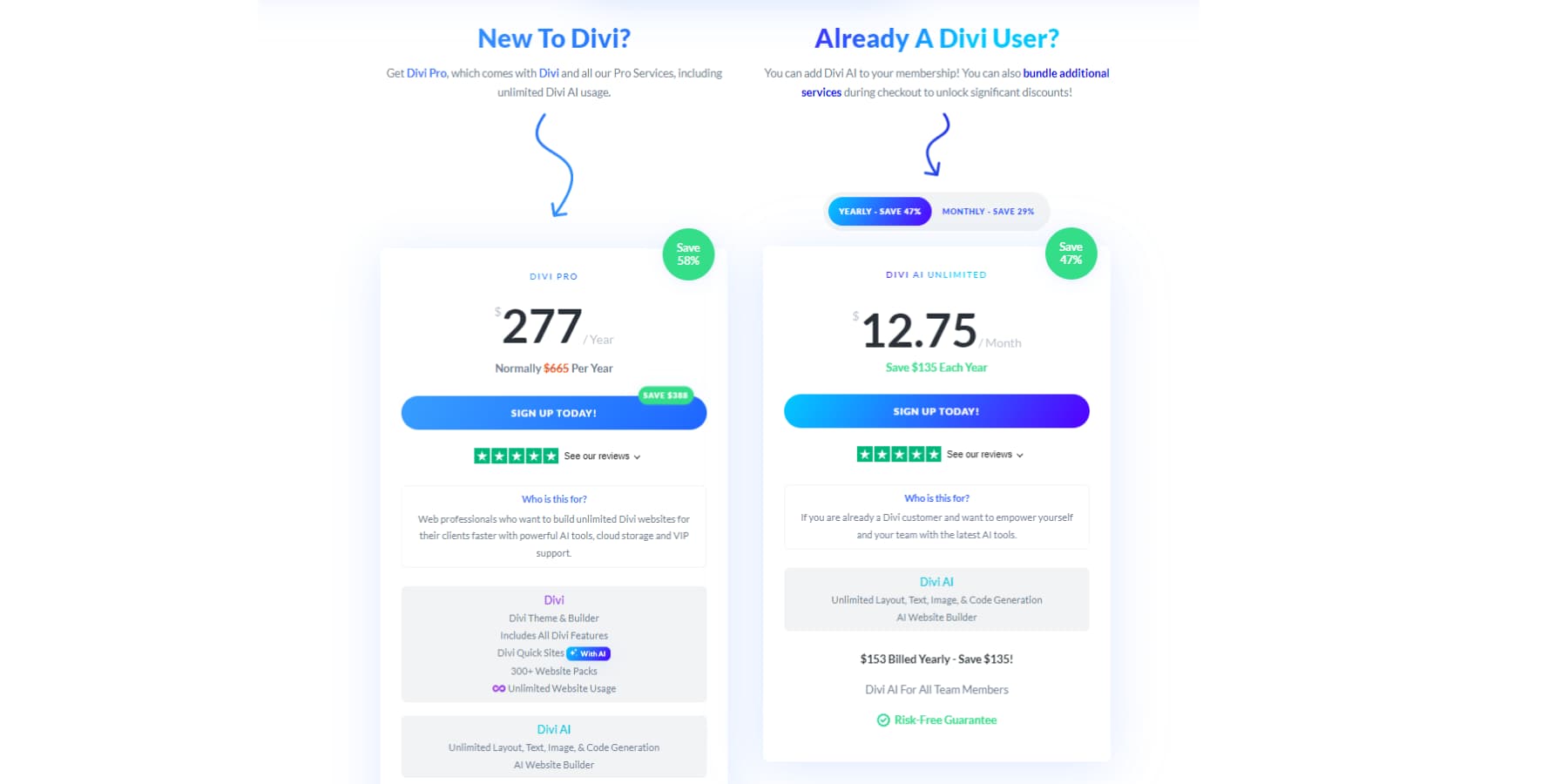 Une capture d'écran des tarifs réduits de Divi AI