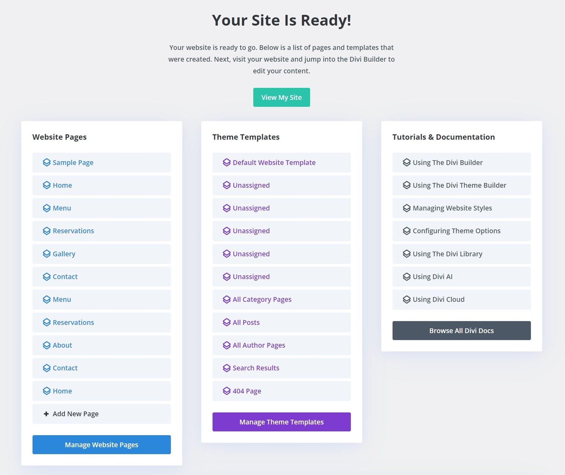 Painel de sites rápidos Divi