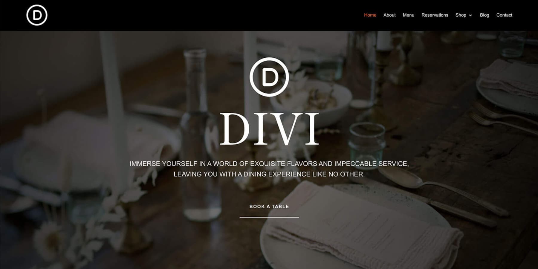 Une capture d'écran du modèle de démarrage de restaurant de Divi Quick Sites