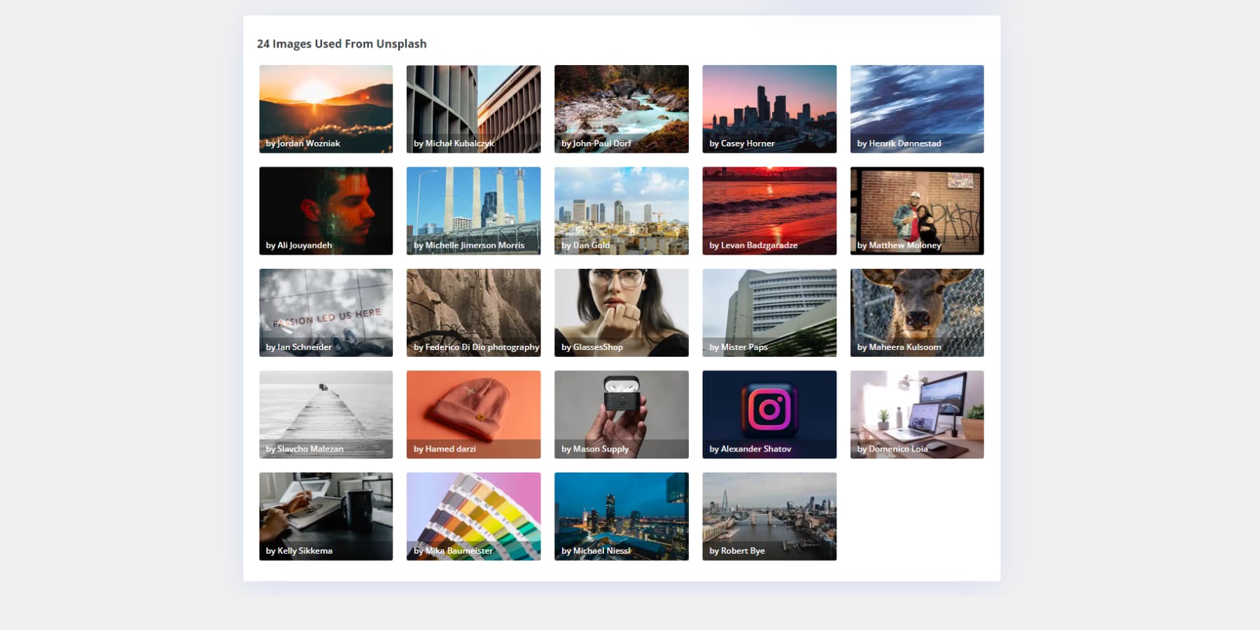 Ein Screenshot der in Divi Quick Sites enthaltenen Bilder von Unsplash