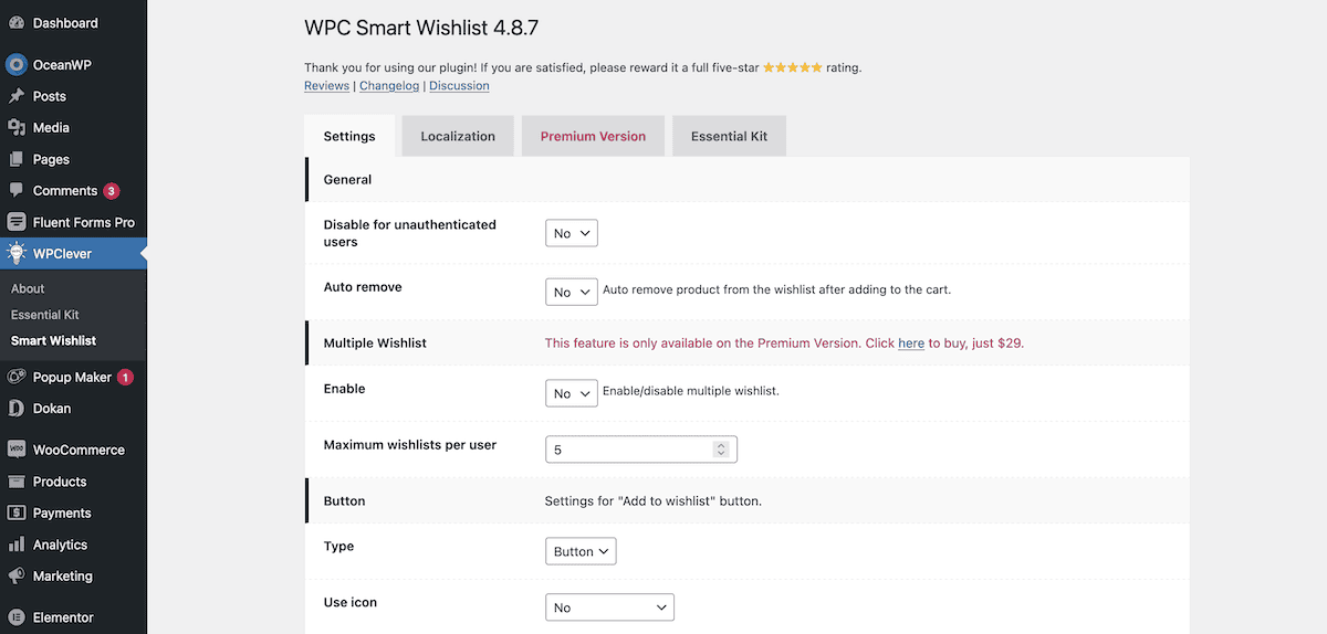 La page des paramètres de la liste de souhaits intelligente WPC pour WooCommerce.