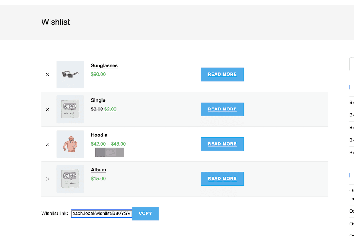 Halaman Daftar Keinginan di bagian belakang toko WooCommerce.