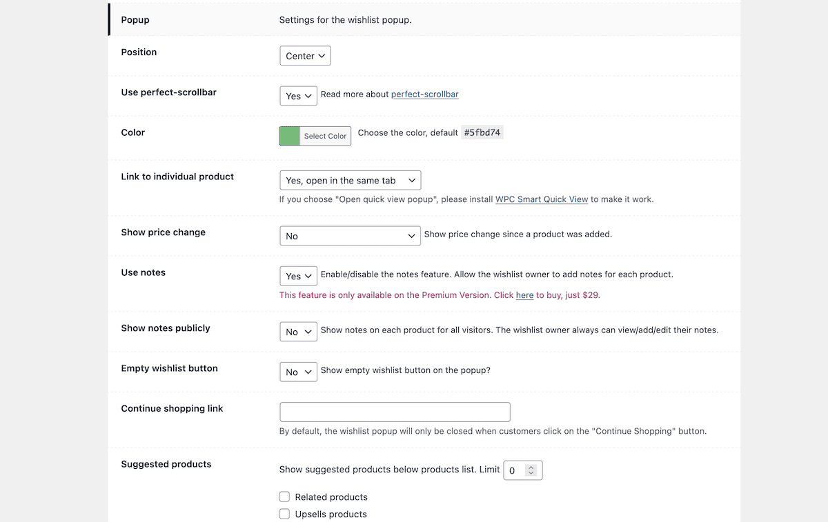 WooCommerce 外掛程式的 WPC 智慧願望清單的彈出選項。