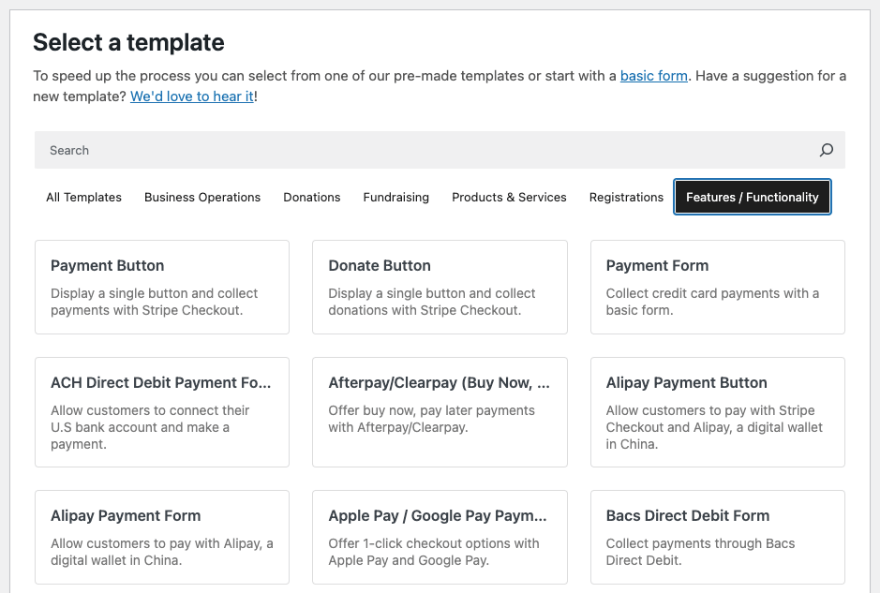 Modelli disponibili nella dashboard di WP Simple Pay