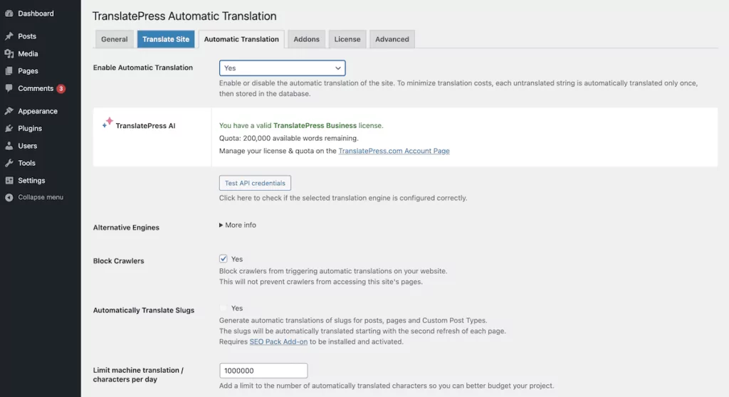 La página de traducción automática dentro de la configuración de WordPress de TranslatePress.