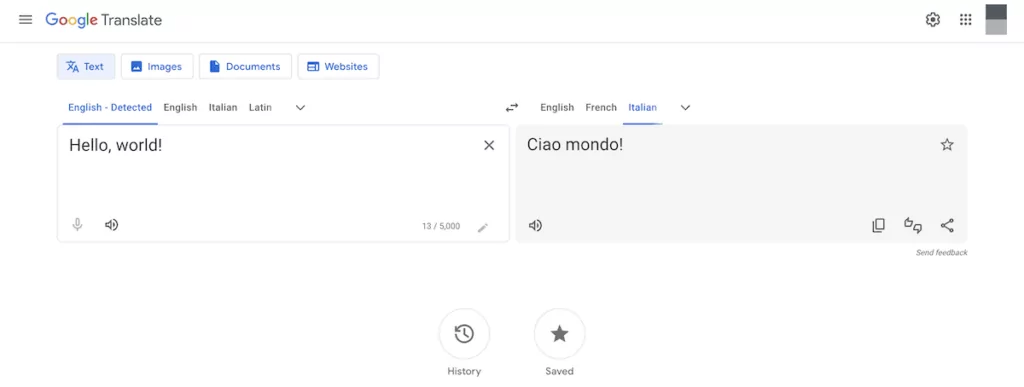 L'interfaccia principale di Google Translate.